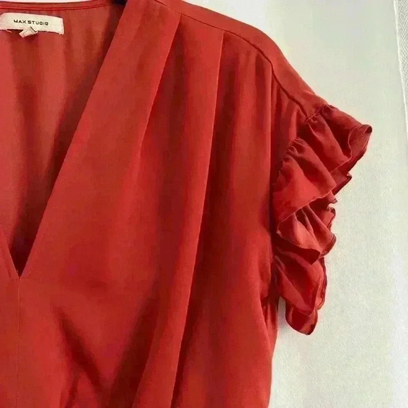 Max Studio Women's Top Ruffle Sleeve Wrap Tie Red - Picture 5 of 8